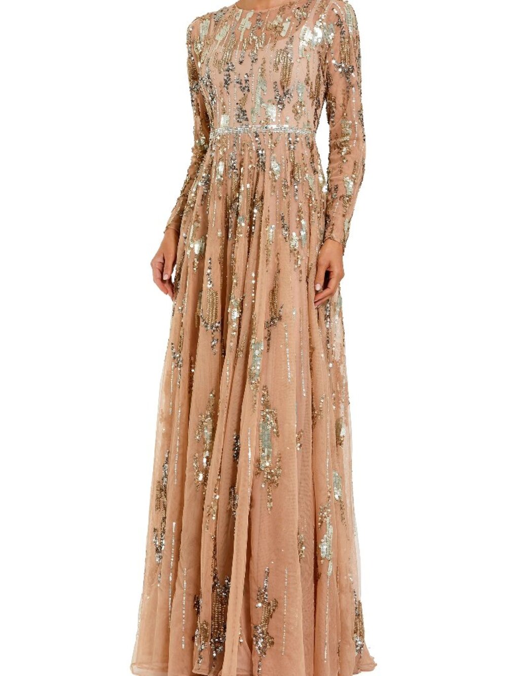 Mac Duggal Taupe Embellished Embroidered Long Sleeve Gown